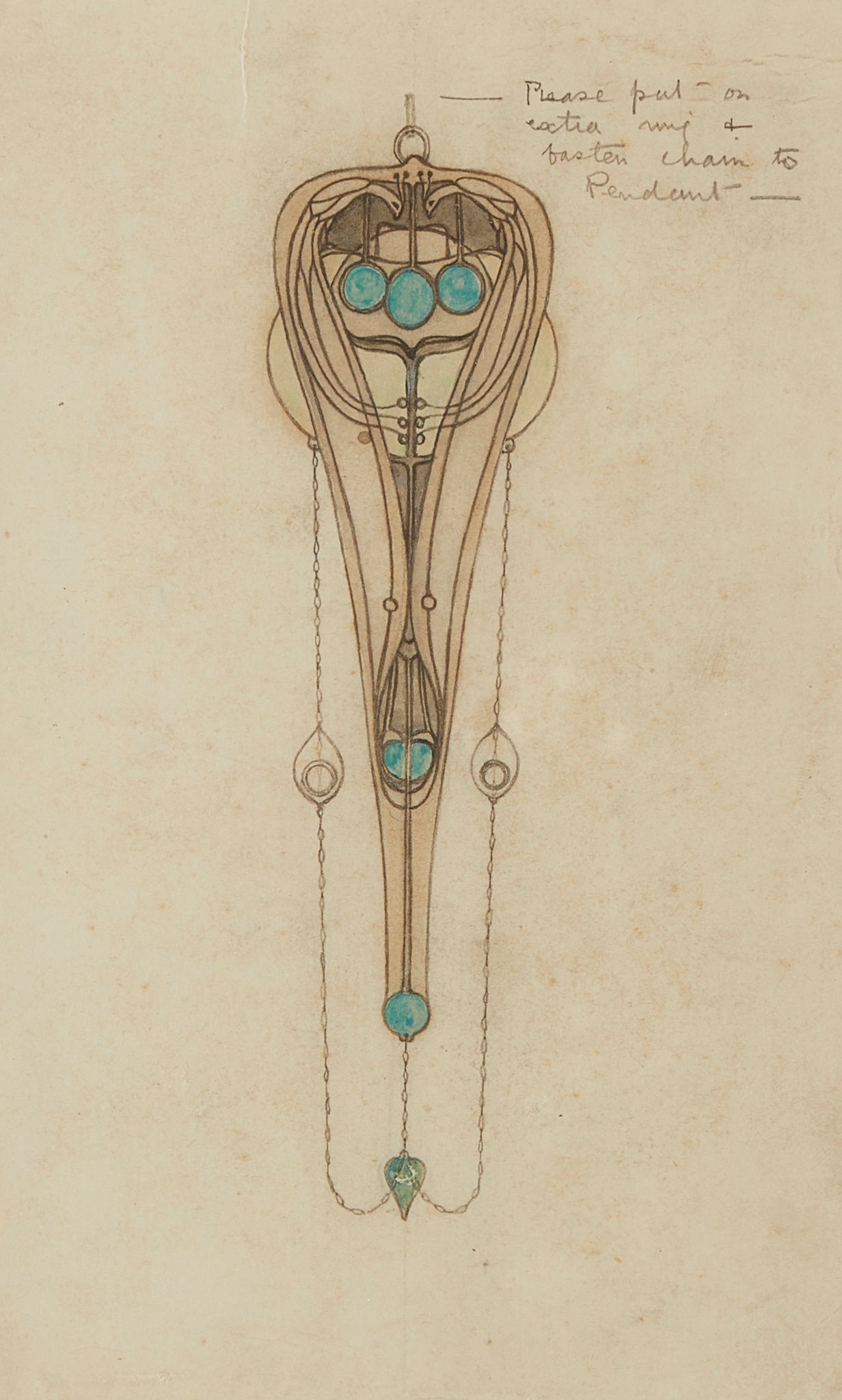  LOT 354 | FRANCES MACDONALD MCNAIR (1873-1921) | DESIGN FOR JEWELLERY, CIRCA 1900 pencil and watercolour on paper, bearing inscriptions in pencil | Provenance: The Fine Arts Society, London | 10.5cm x 14cm | £3,000 - £5,000 + fees  View Lot 354 ⇒